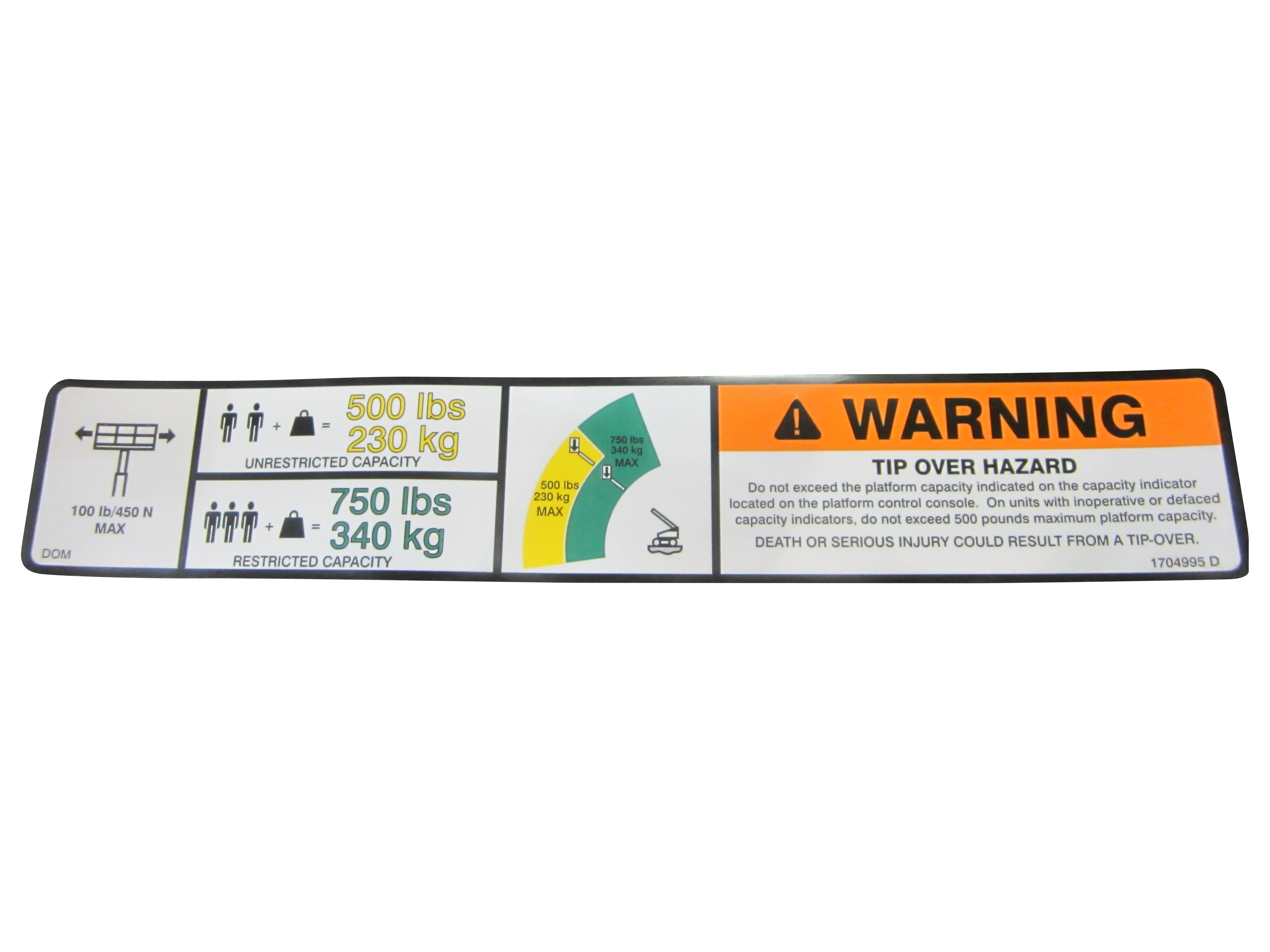 JLG Part # 1704995 | DECAL,750#/500# CAPACITY (PLF), EA