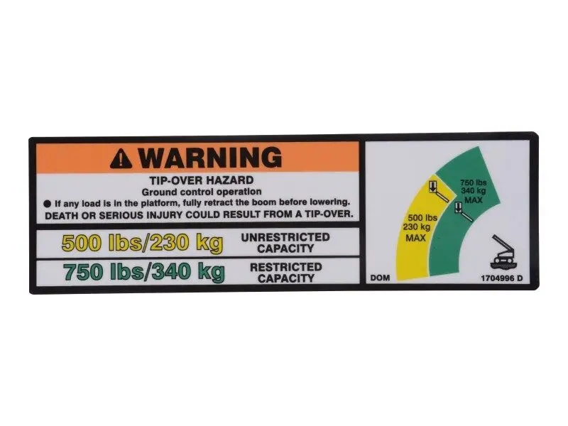 JLG Part # 1704996 | DECAL,750#/500# CAPACITY(DOM), EA