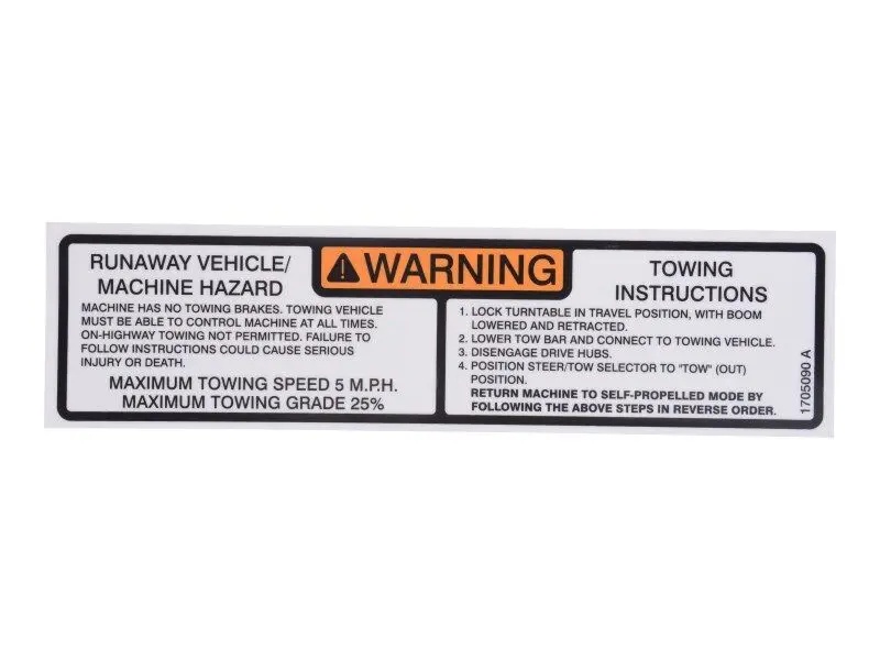 JLG Part # 1705090 | DECAL,TOWING INSTRUCTION, EA