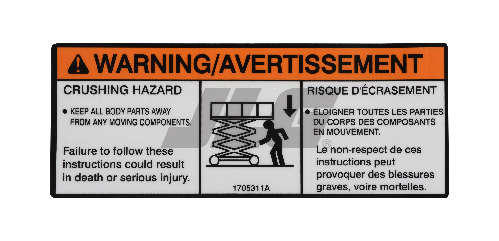 JLG Part # 1705311 | DECAL,WARNING CRUSHING, EA