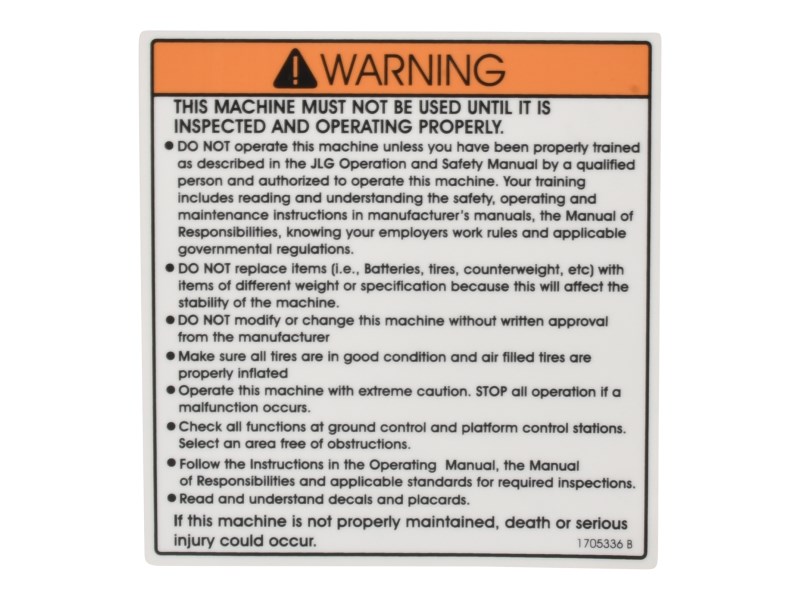 JLG Part # 1705336 | DECAL,INSPECTION 1350SJP, EA
