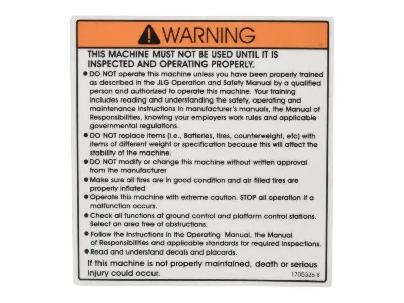JLG Part # 1705336 | DECAL,INSPECTION 1350SJP, EA
