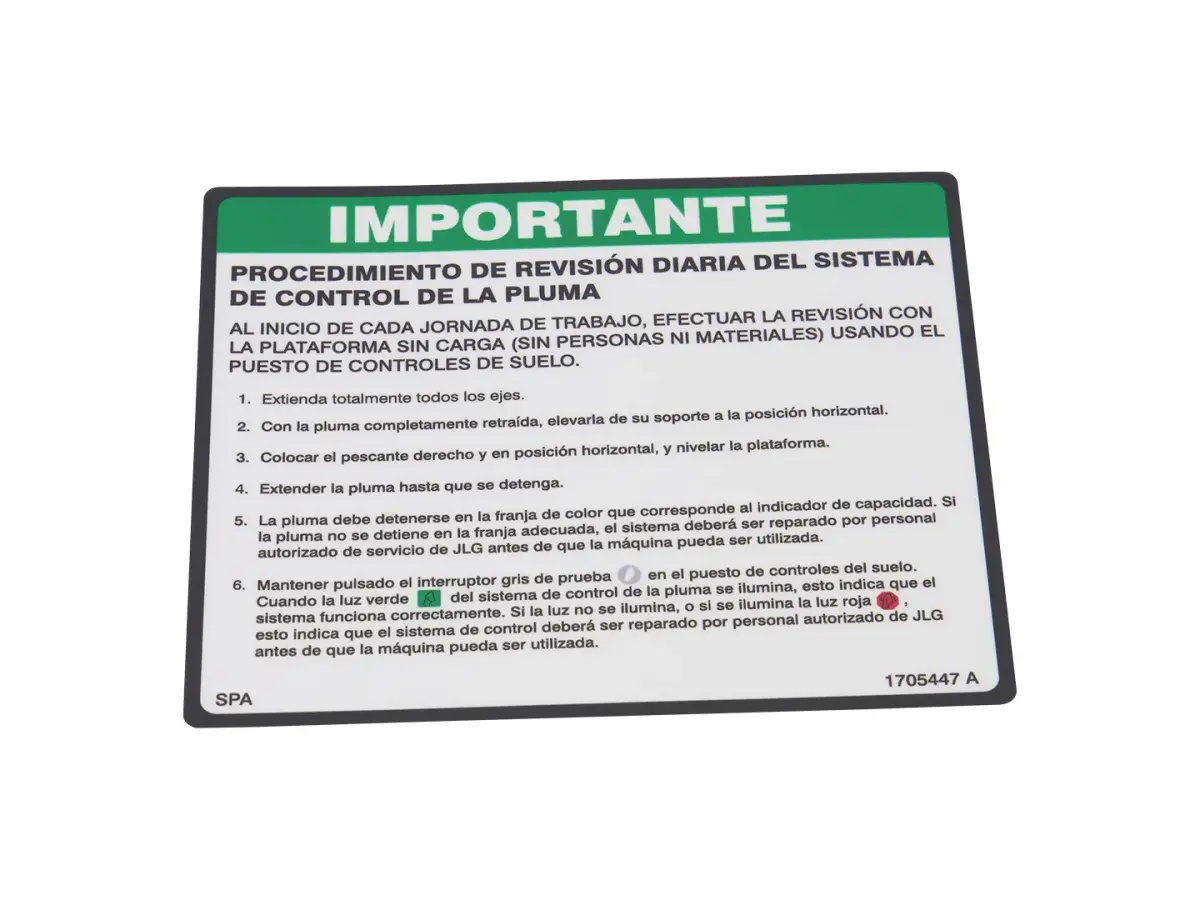JLG Part # 1705447 | DECAL,BCS DAILY CHECK-SPA, EA