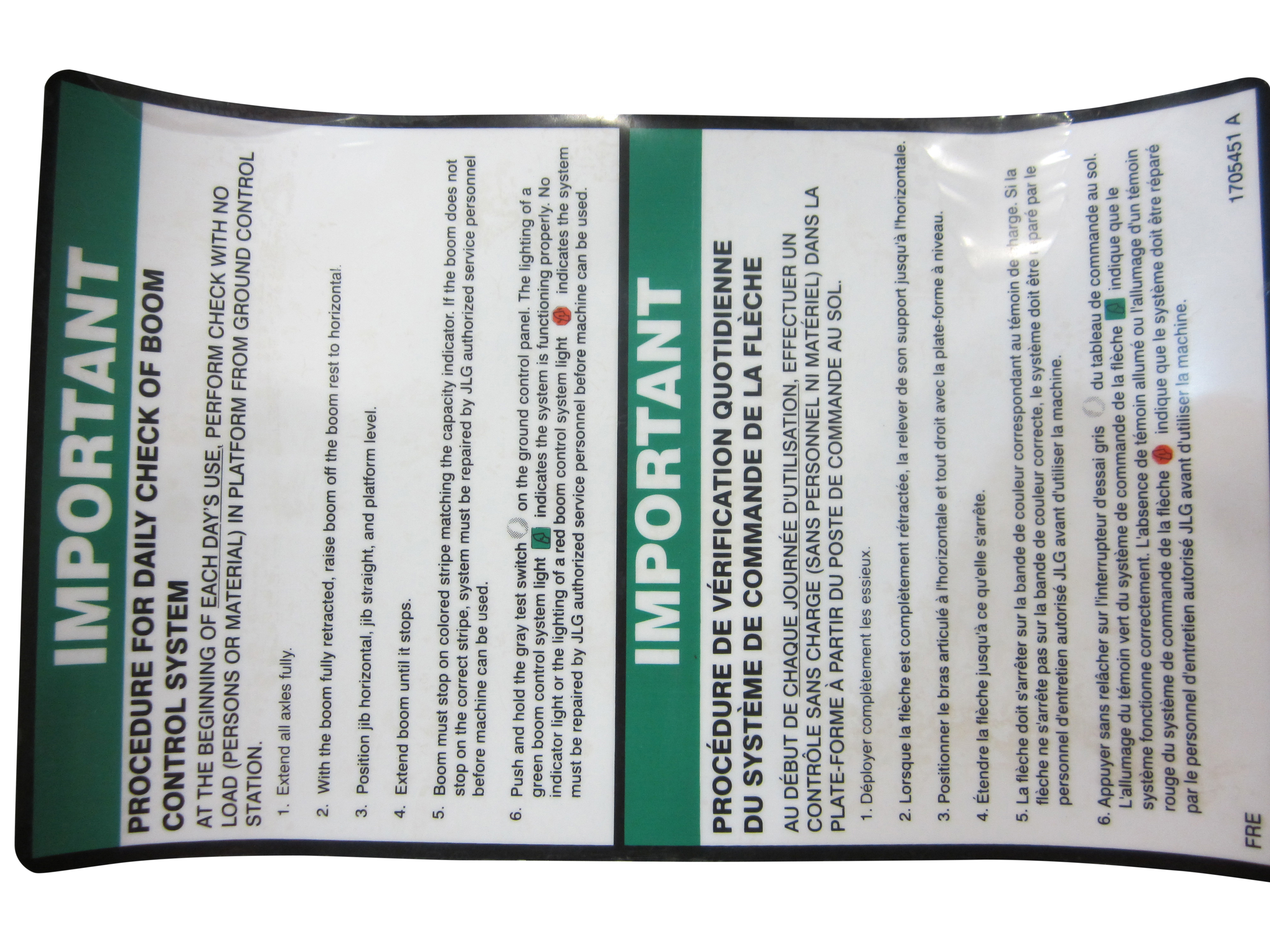 JLG Part # 1705451 | DECAL,BCS DAILY CHECK-ENG/FRE, EA