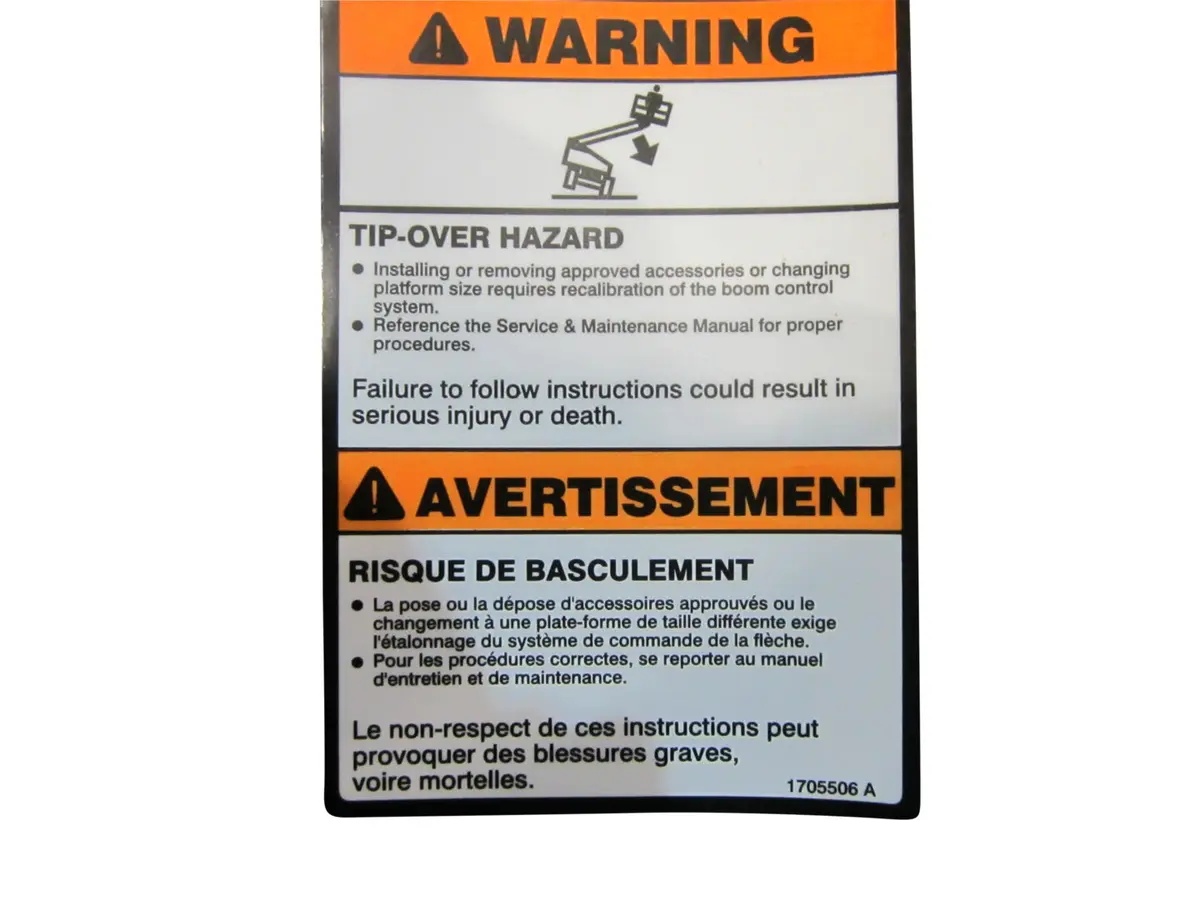 JLG Part # 1705506 | DECAL,TIP-OVER PLF (ENG/FRE), EA