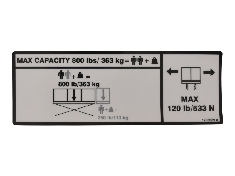 JLG Part # 1705639 | DECAL,CAPACITY 800LB - 363KG, EA