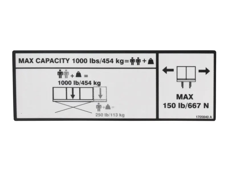 JLG Part # 1705640 | DECAL,CAPACITY 1000LB - 454KG, EA