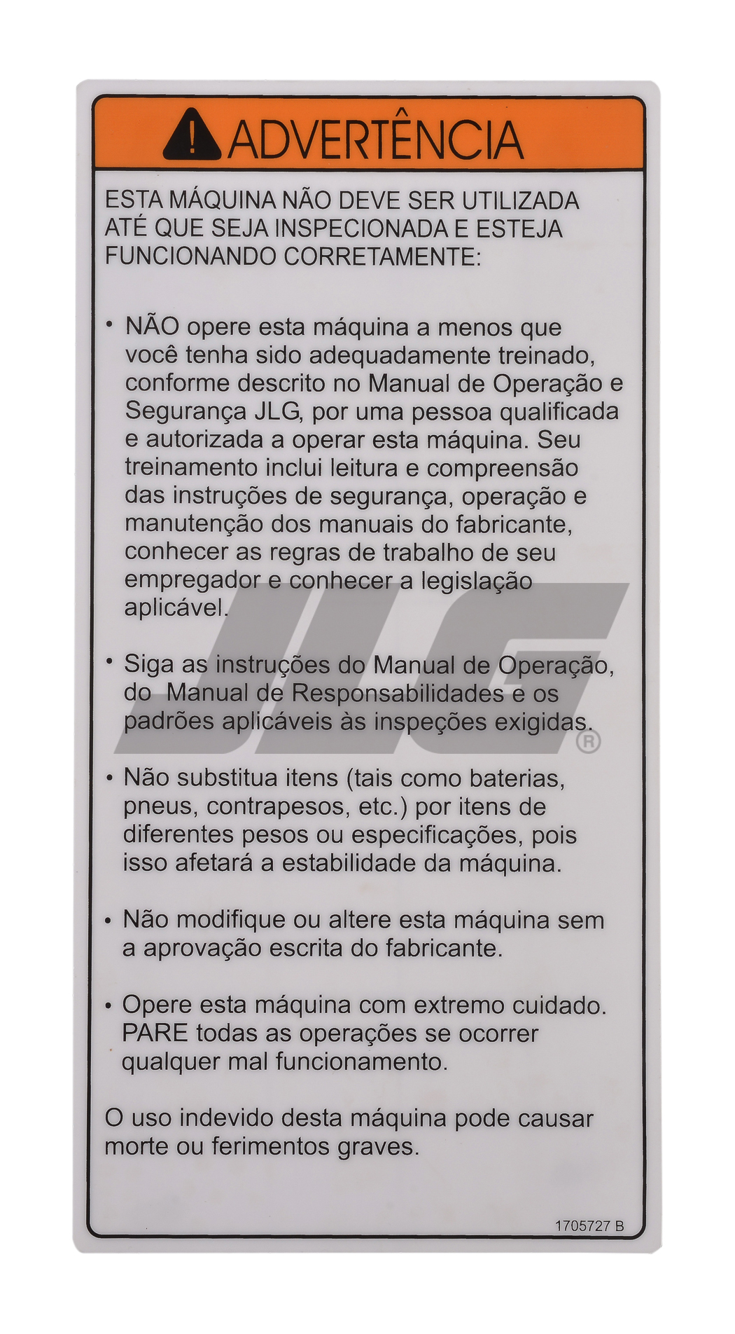 JLG Part # 1705727 | DECAL, INSPECTION (POR), EA