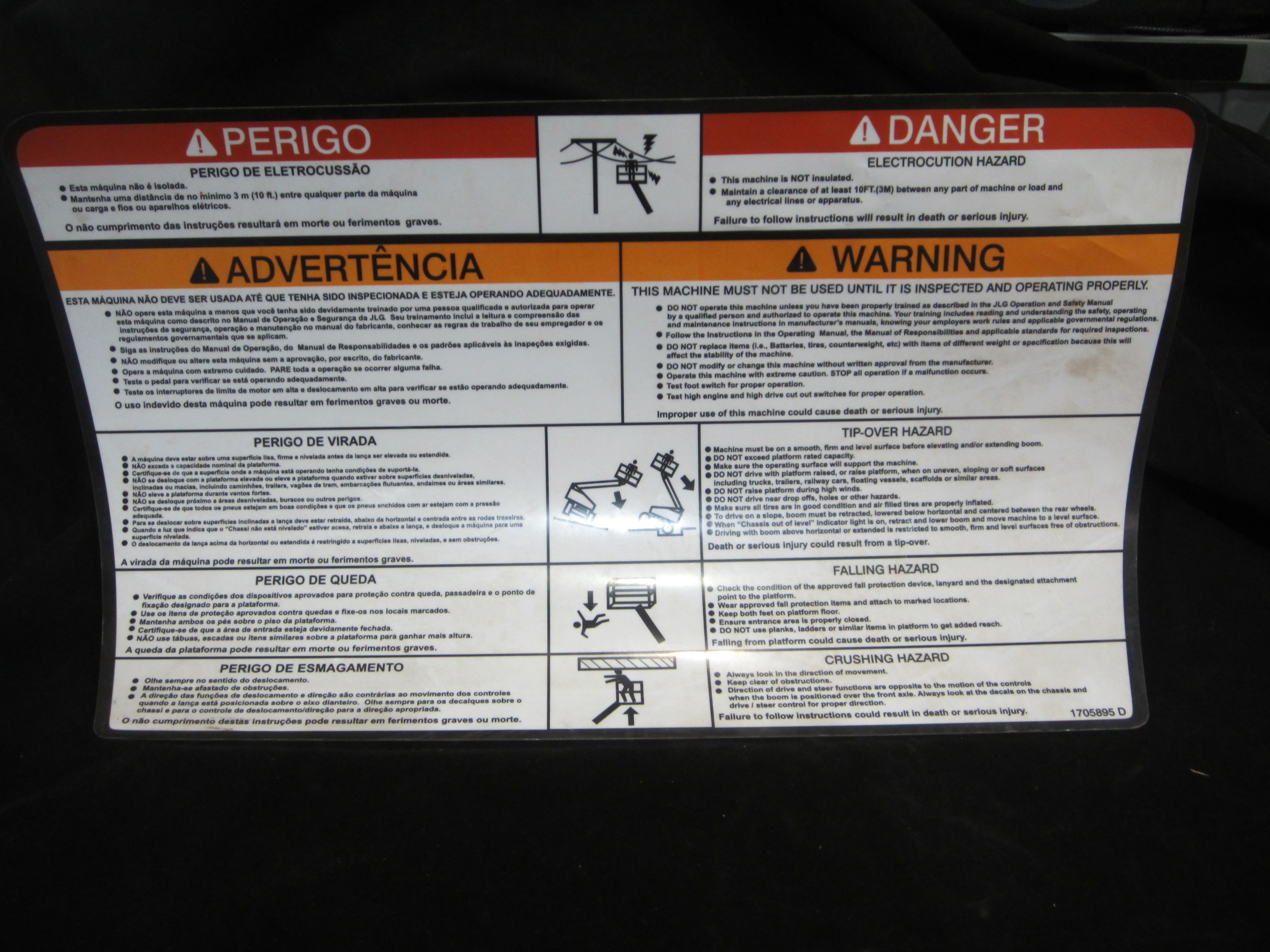 JLG Part # 1705895 | DECAL,WARNING (PLF) (BRZ,POR), EA