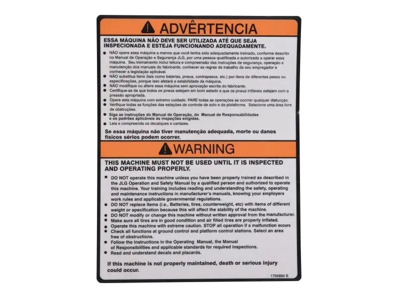 JLG Part # 1705896 | DECAL,WARN INSPECT (MTB) (B/P), EA