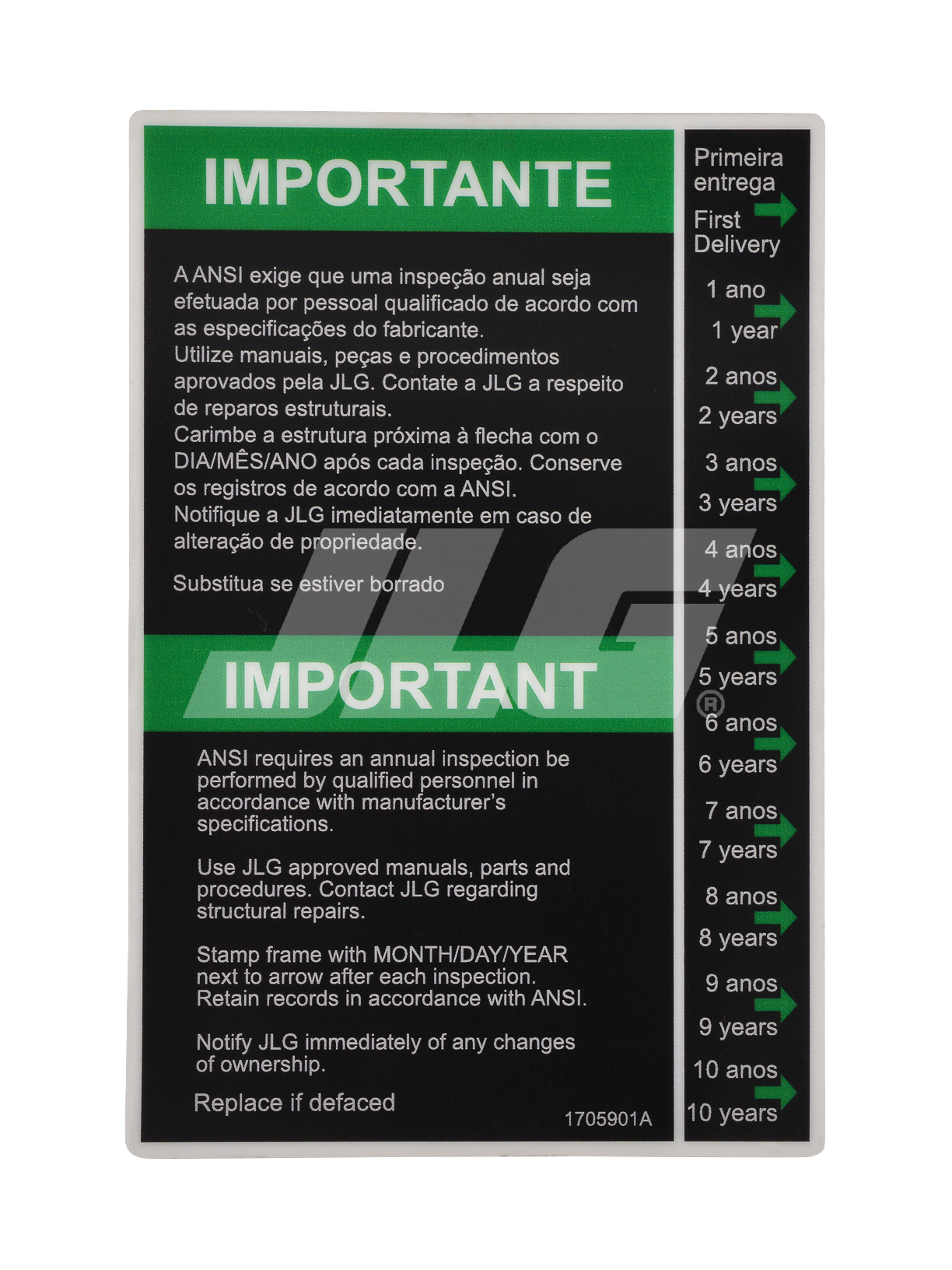 JLG Part # 1705901 | DECAL,INSPECTION (BRZ POR), EA