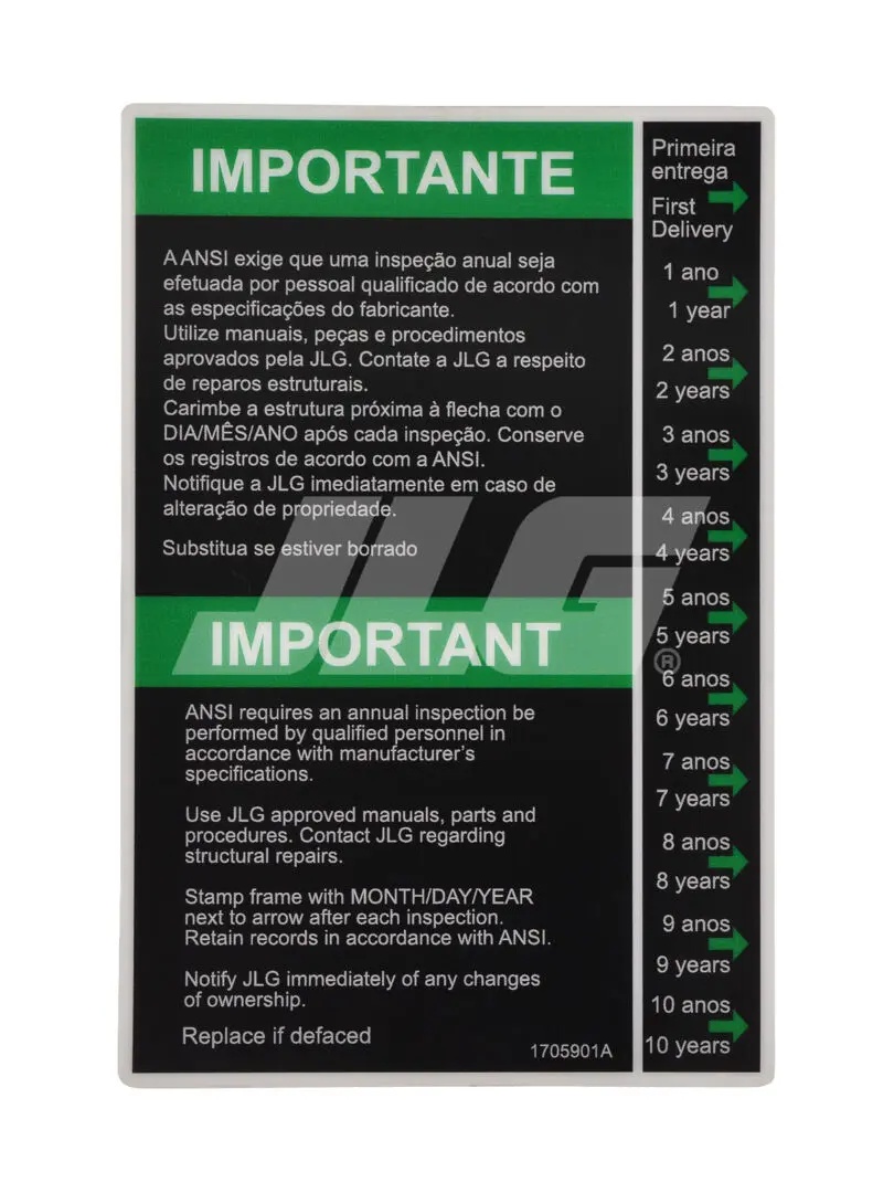 JLG Part # 1705901 | DECAL,INSPECTION (BRZ POR), EA