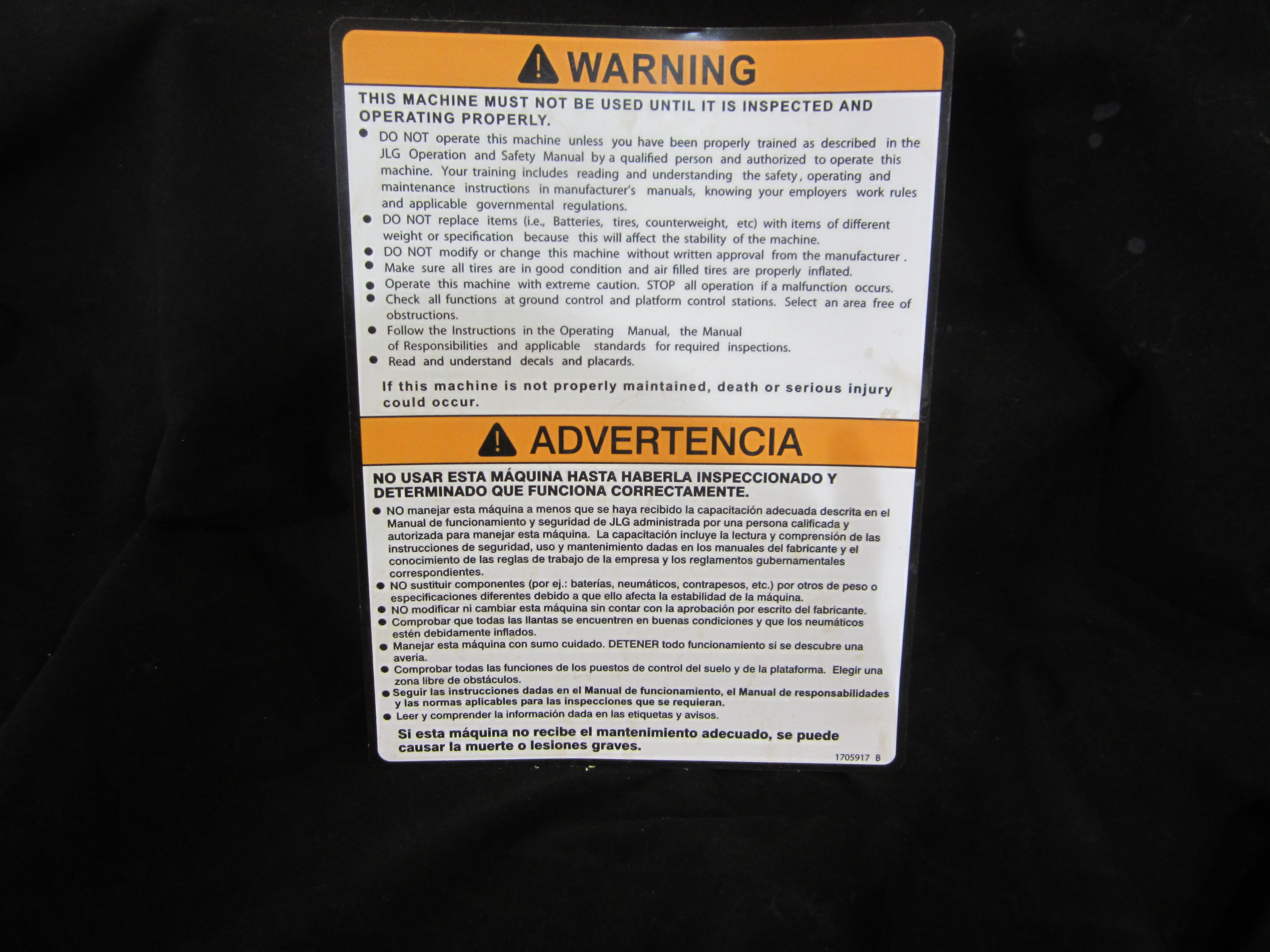 JLG Part # 1705917 | DECAL,WARN INSPECTION(ENG/SPA), EA