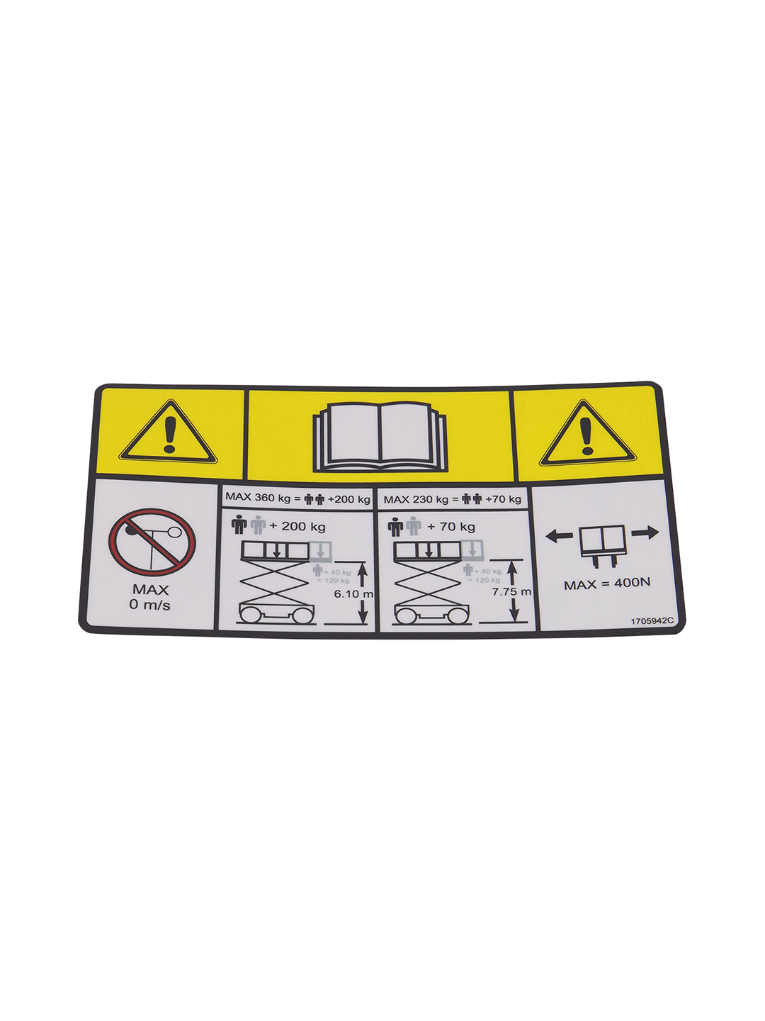JLG Part # 1705942 | DECAL,CAPACITY (230KG,360KG), EA