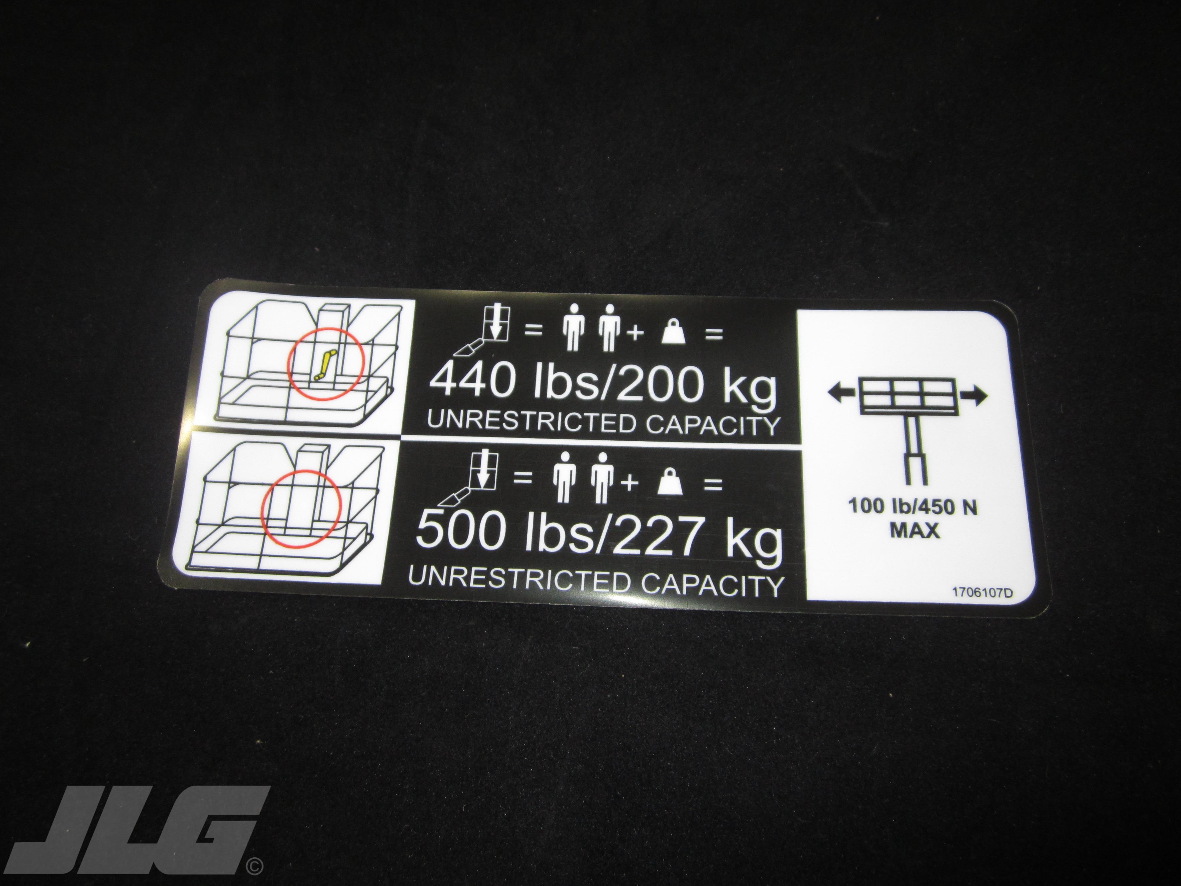 JLG Part # 1706107 - DECAL,CAPACITY PLF T350, EA