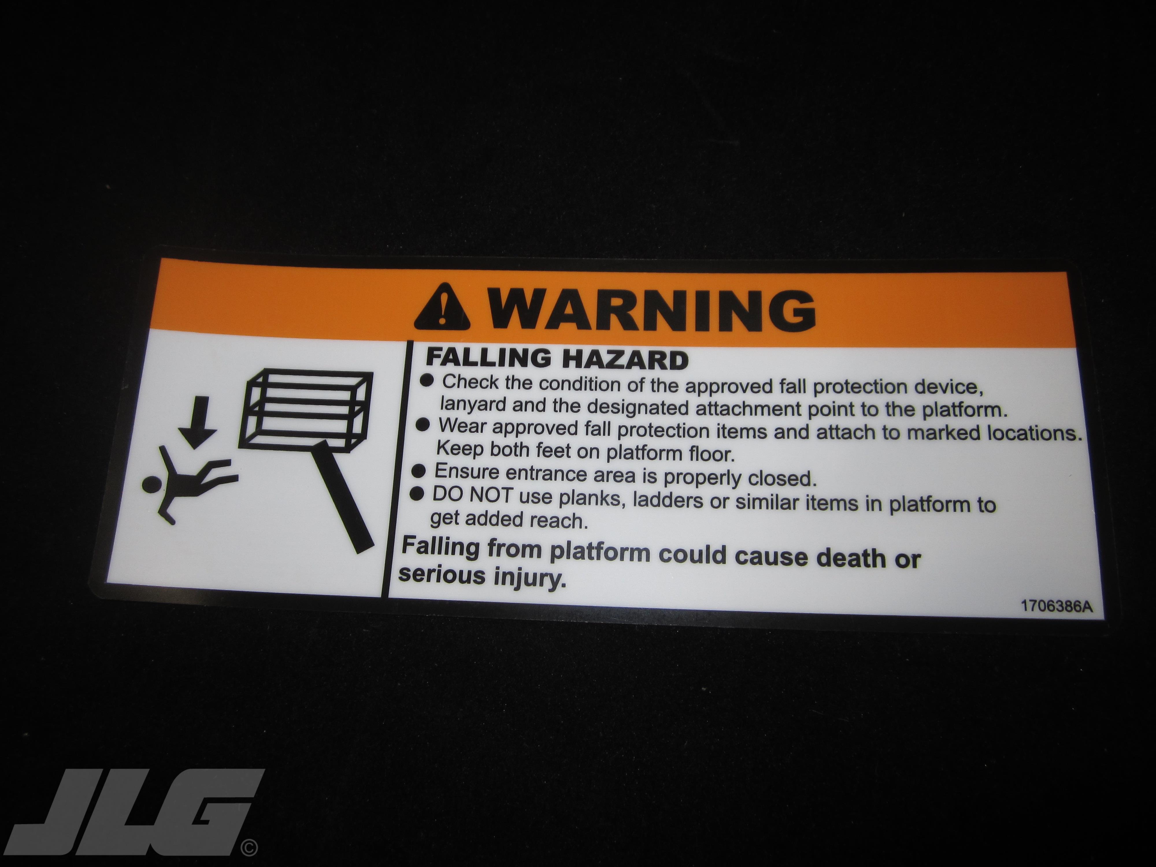 JLG Part # 1706386 - DECAL,FALL HAZARD, EA