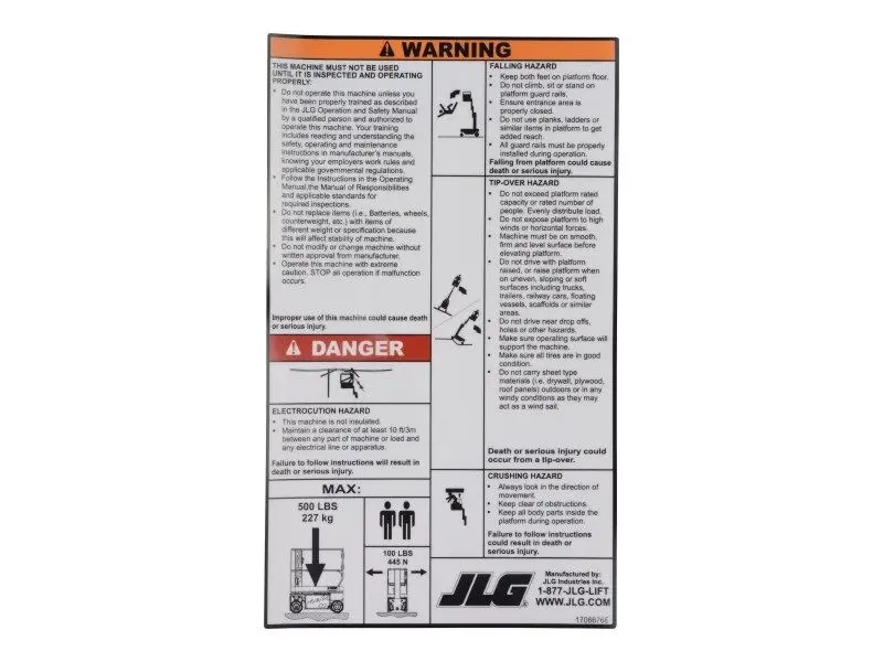JLG Part # 1706676 | DECAL, 1230ES INSTR./WARNING, EA