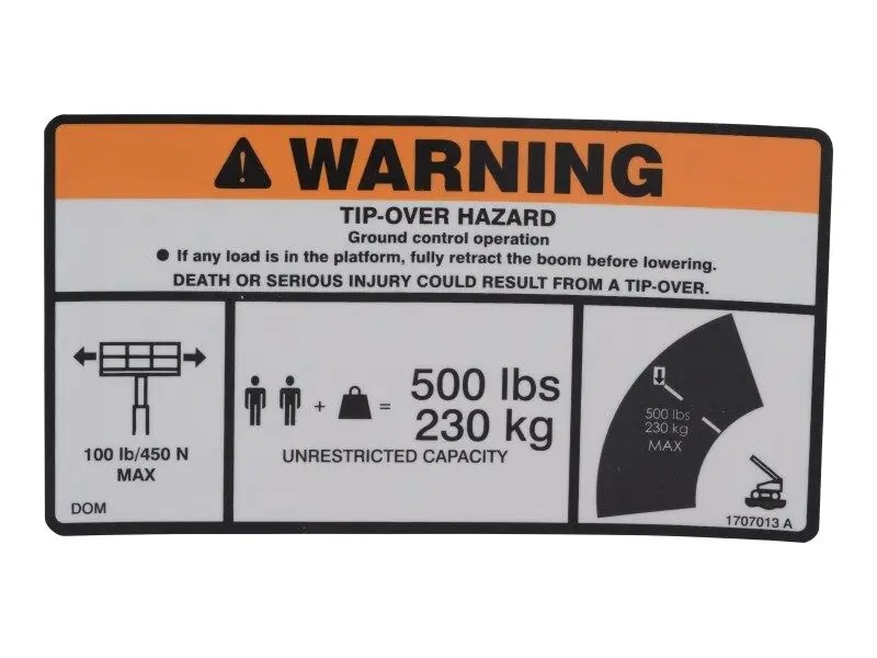 JLG Part # 1707013 | DECAL,500 LBS MAX CAP 600SJ, EA