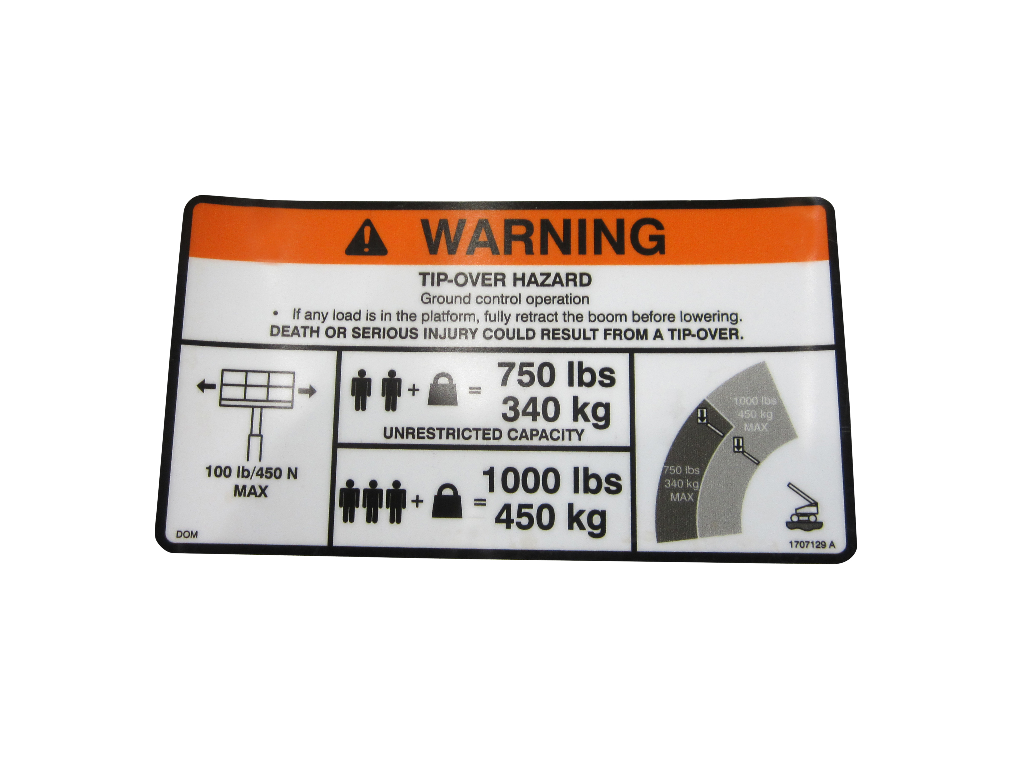 JLG Part # 1707129 | DECAL,750LB DUAL CAP (MTB)DOM1, EA