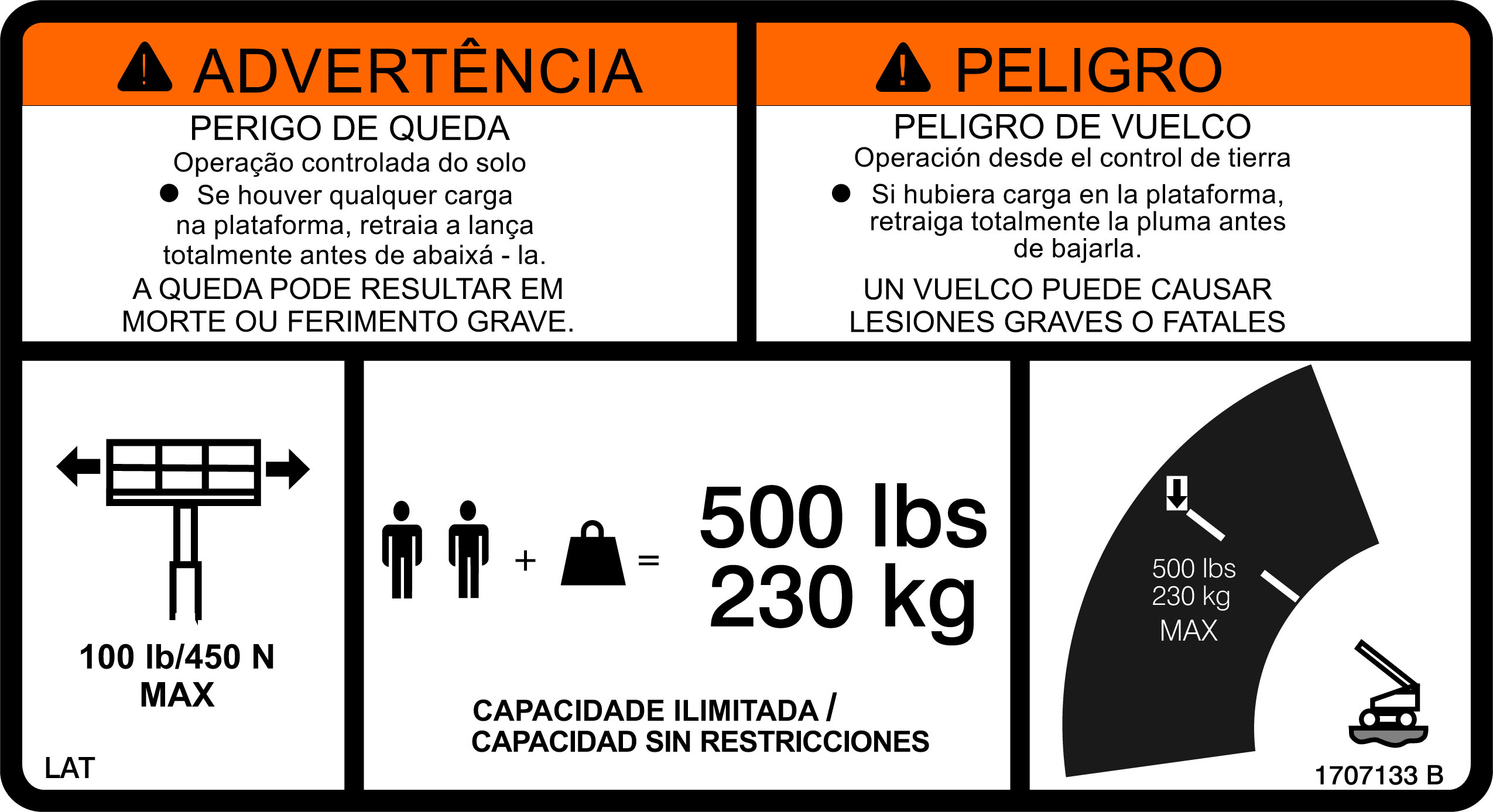 JLG Part # 1707133 | DECAL,500LB CAP(MTB)SPA/POR, EA