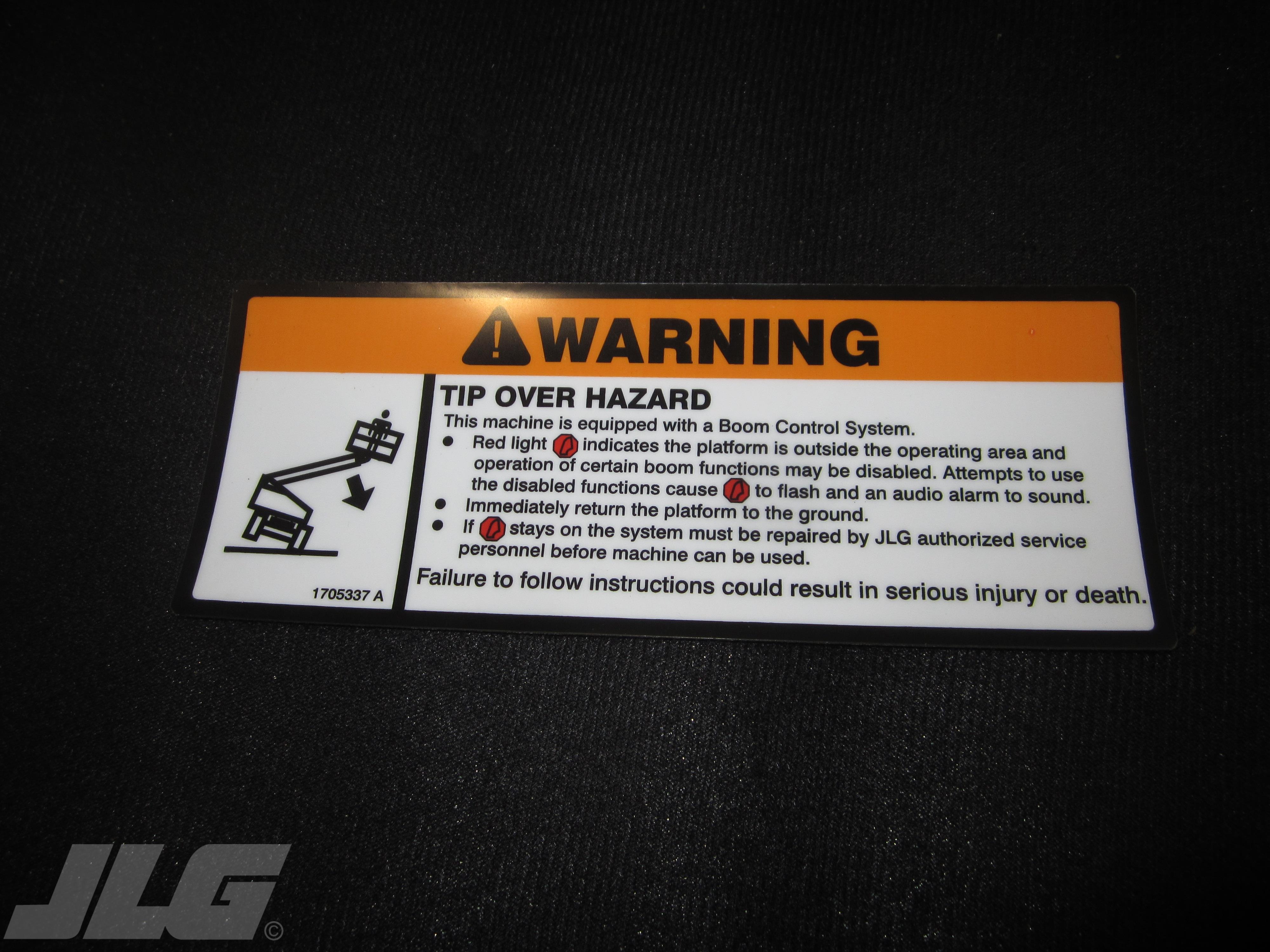 JLG Part # 1705337 - DECAL,TIP-OVER(BCS)1350SJP, EA