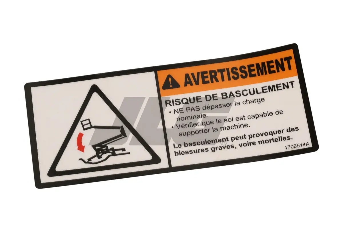 JLG Part # 1706514 | DECAL,TIP-OVER ENG/FRE, EA