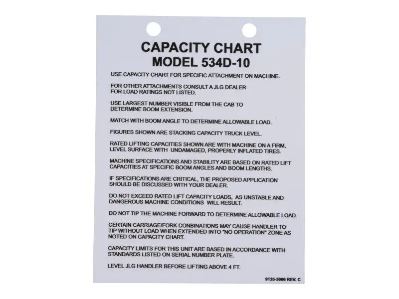 JLG Part # 91353006 | LOAD CHART, EA