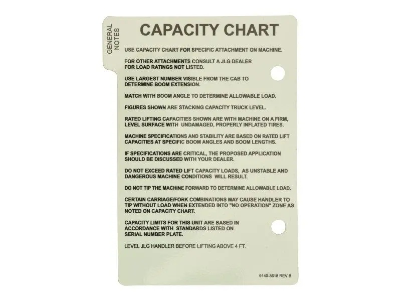 JLG Part # 91403618 | CAPACITY CHART, EA