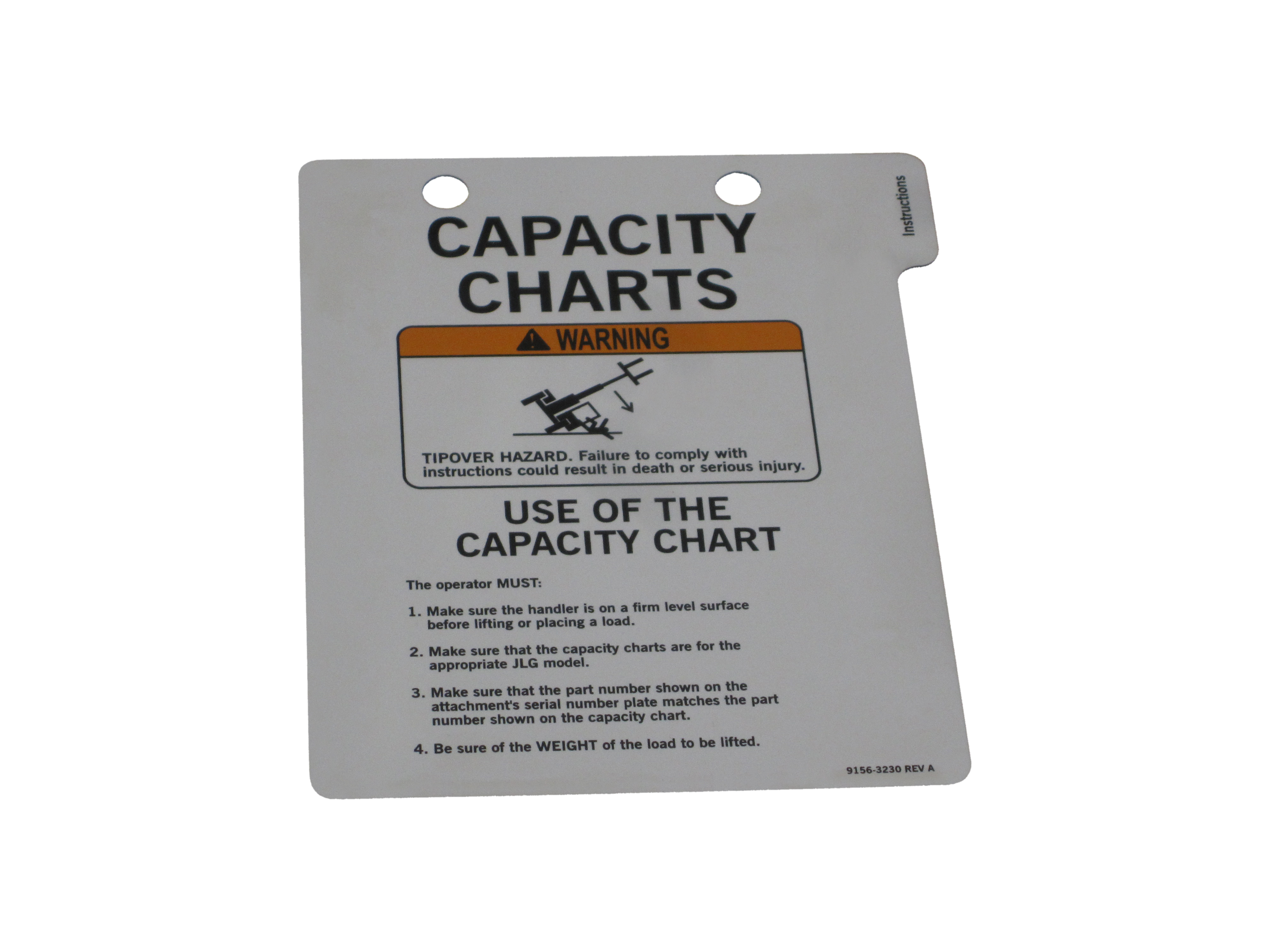 JLG Part # 91563230 | COVER,CAP CHART, EA