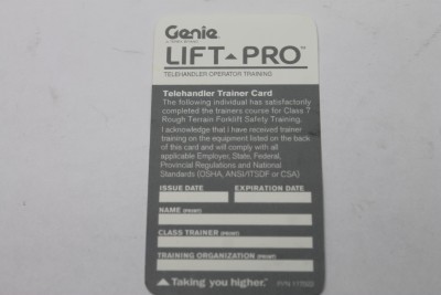 Genie Lift Part # 117522GT - CARD, TELEHANDLER, TRAINER, EA