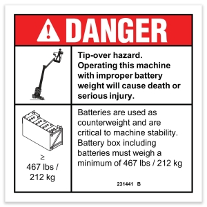 Genie Lift Part # 231441GT - DECAL,DANGER,TIPOVER BATTERY WT, EA