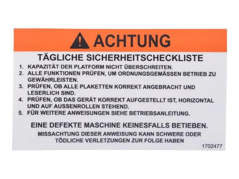 JLG Part # 1702477 | DECAL, CHECKLIST (GER), EA