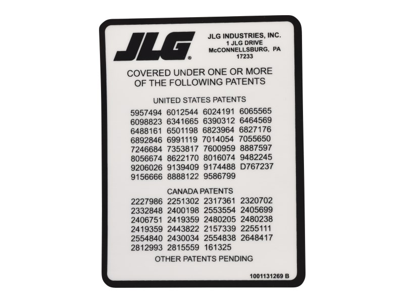 JLG Part # 1001131269 | DECAL,PATENT, BOOMS, EA