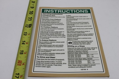 Genie Lift Part # 1257188GT - DECAL, OP INST,PLAT,GS46, ANSI, EA
