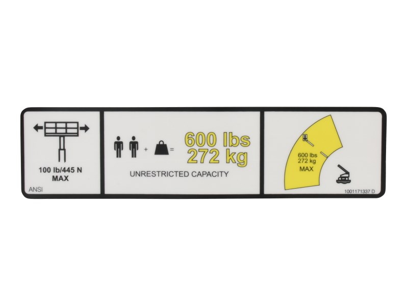 JLG Part # 1001171337 | DECAL,WARNING MAX CAP. (ANSI), EA