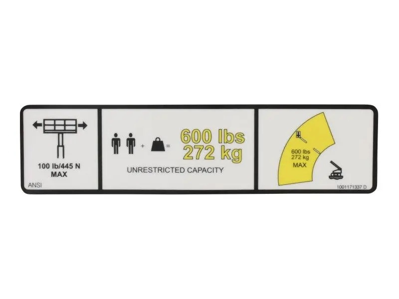 JLG Part # 1001171337 | DECAL,WARNING MAX CAP. (ANSI), EA