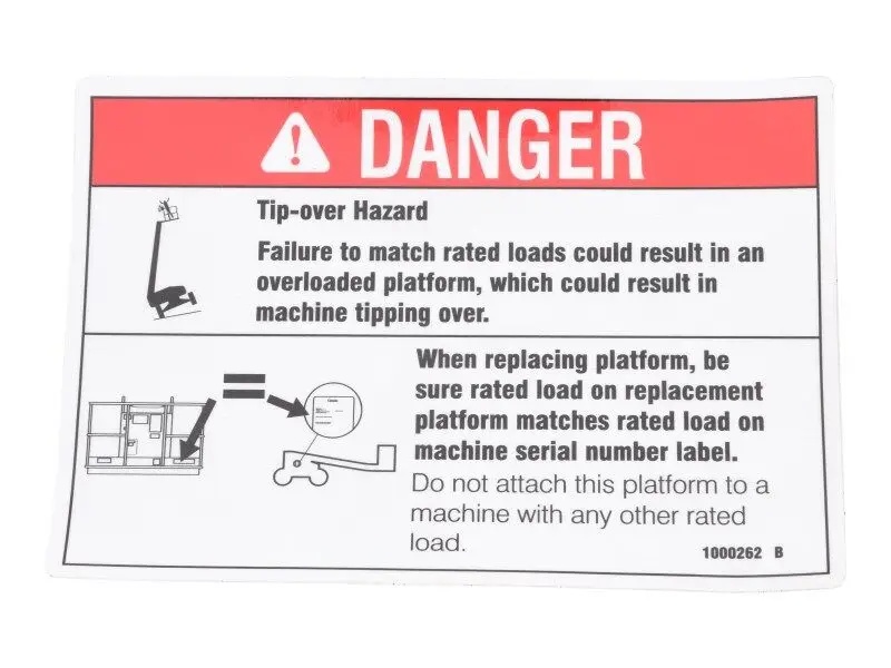 JLG Part # GN1000262 | GN-DECAL,DANGER,TIP-OVER,PLAT, EA
