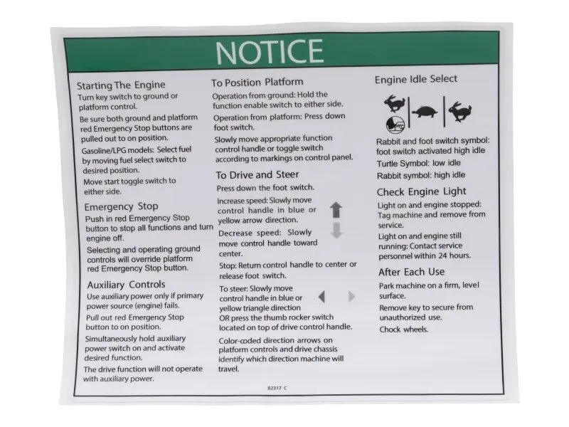 JLG Part # GN82317 | GN-DECAL,NOTICE OPER INST, EA