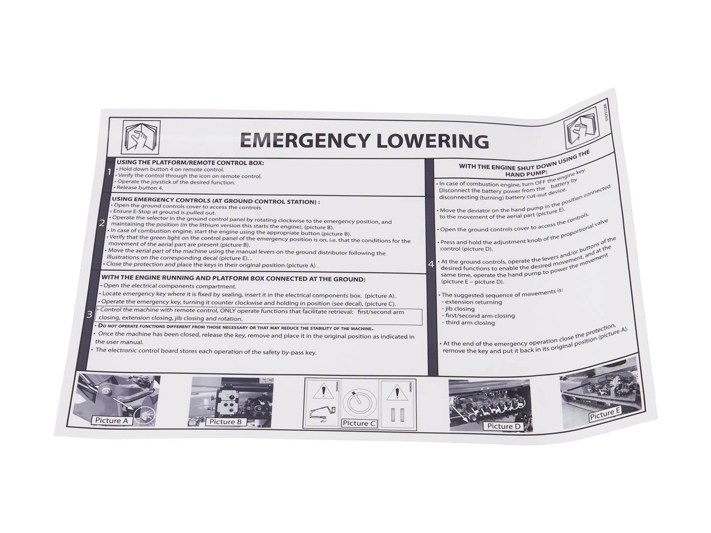 JLG Part # 076791GB | DEECAL, EMERGENCY LOWERING, EA