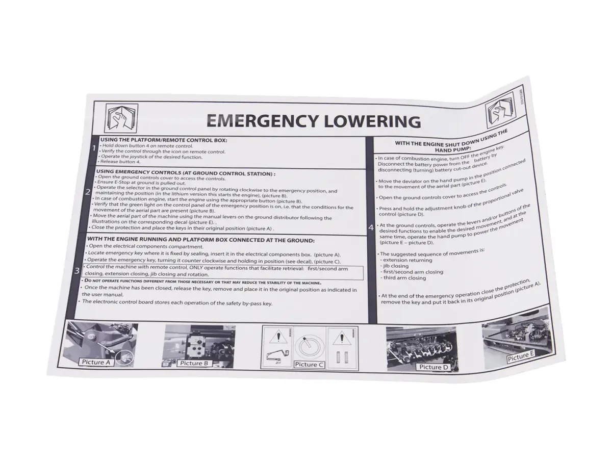 JLG Part # 076791GB | DEECAL, EMERGENCY LOWERING, EA