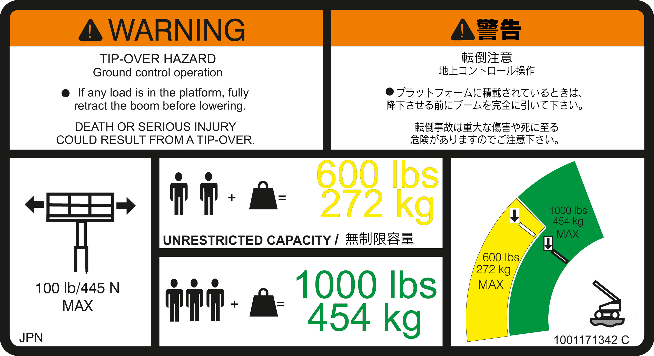 JLG Part # 1001171342 | DECAL,WARNING DUAL CAP. (JPN), EA