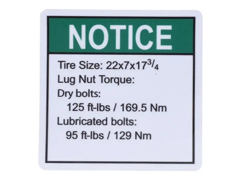 JLG Part # 70044930 | DECAL,NOTICE,LUG NUT TORQUE, EA
