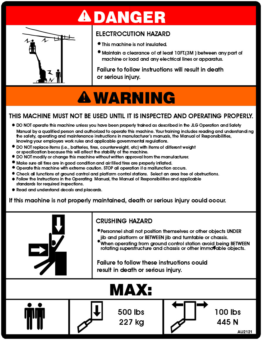 JLG Part # AU2121 | DECAL, SAFETY INSTRUCTIONS, EA