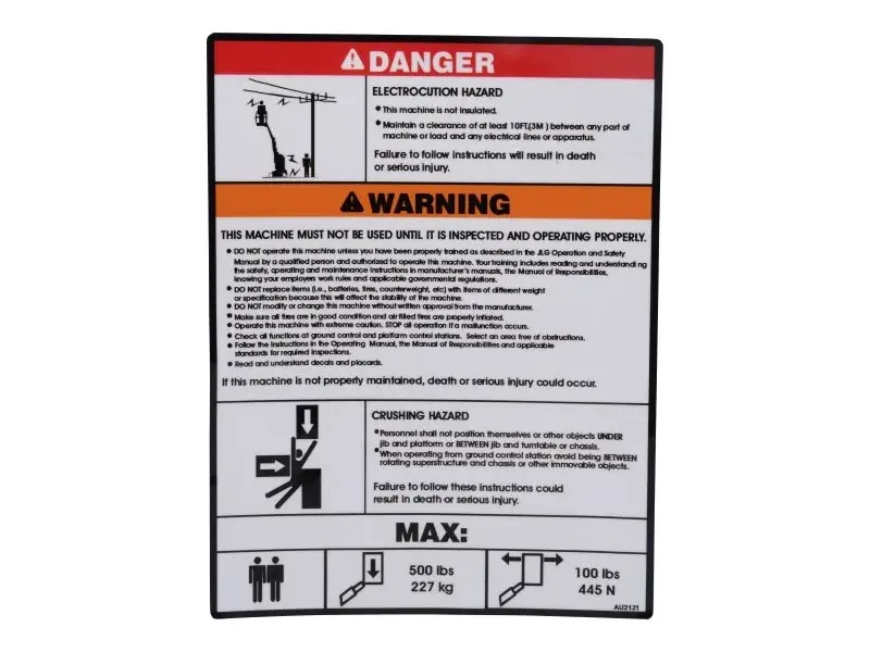 JLG Part # AU2121 | DECAL, SAFETY INSTRUCTIONS, EA