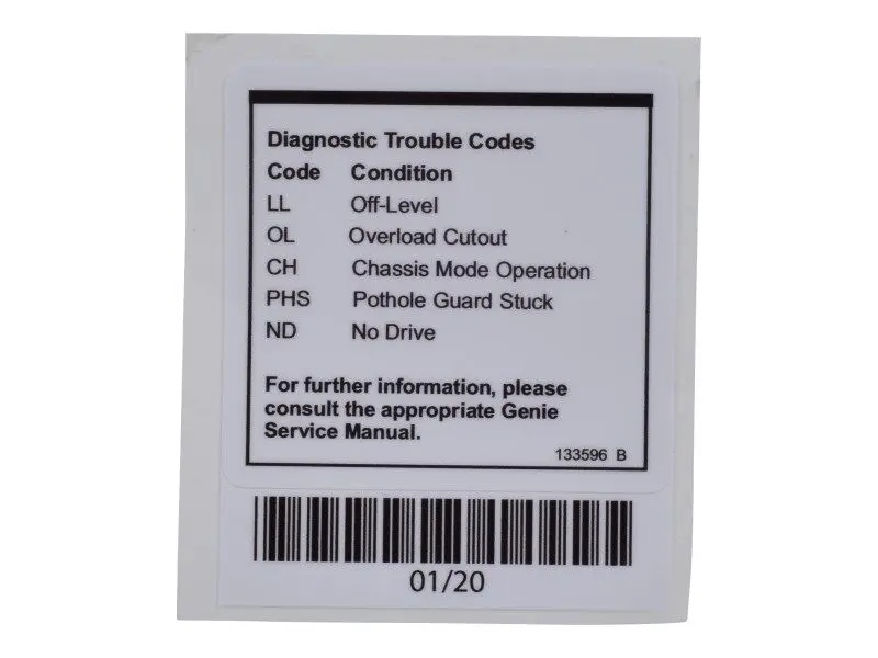 JLG Part # GN133596 | GN-DECAL, FAULT CODES, EA