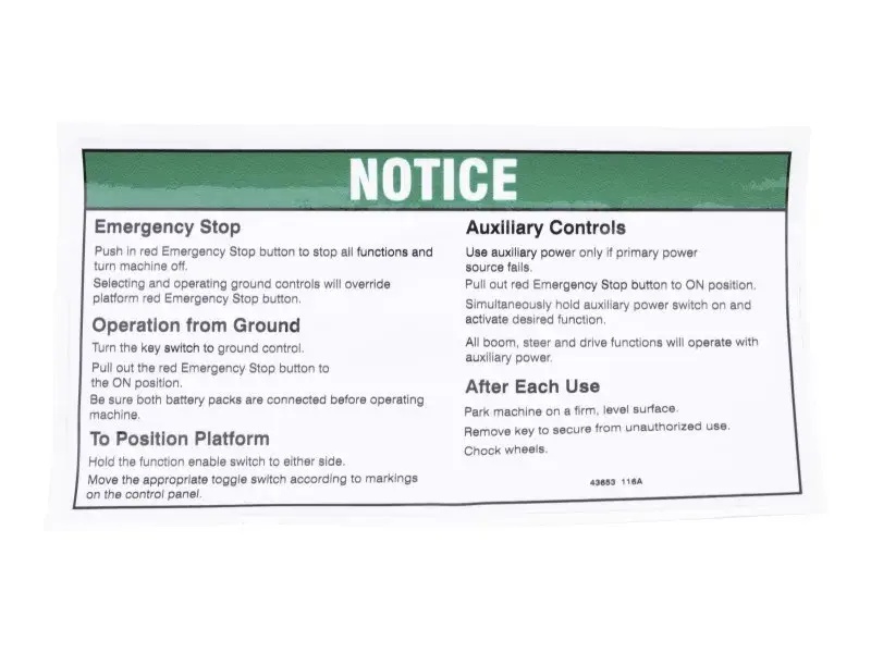 JLG Part # GN43653 | GN-DECAL, NOTICE GRD OP, EA
