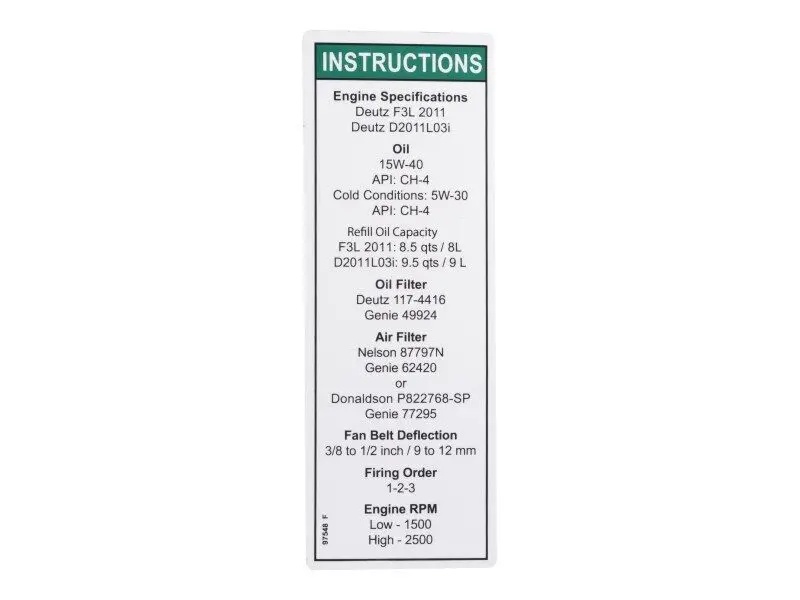 JLG Part # GN97548GT | GN-DECAL,ENG SPEC,DEUTZ 2011, EA