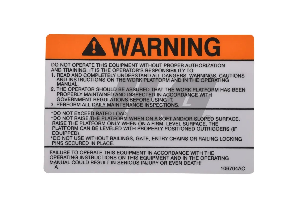 JLG Part # 106704 | SJ-DECAL, WARNING, EA