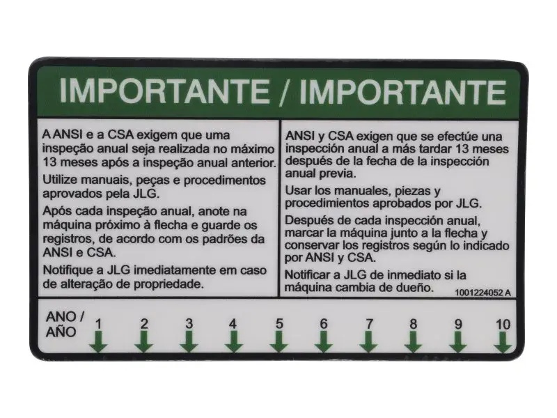 JLG Part # 1001224052 | DECAL,YEARLY INSP(LAT POR/SPA), EA