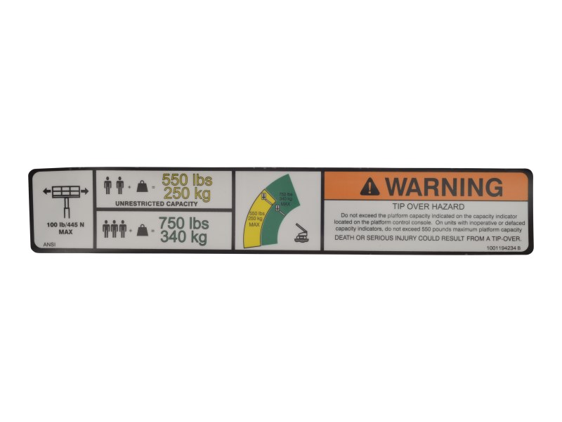 JLG Part # 1001194234 | DECAL,WARNING MAX CAP. (ANSI), EA